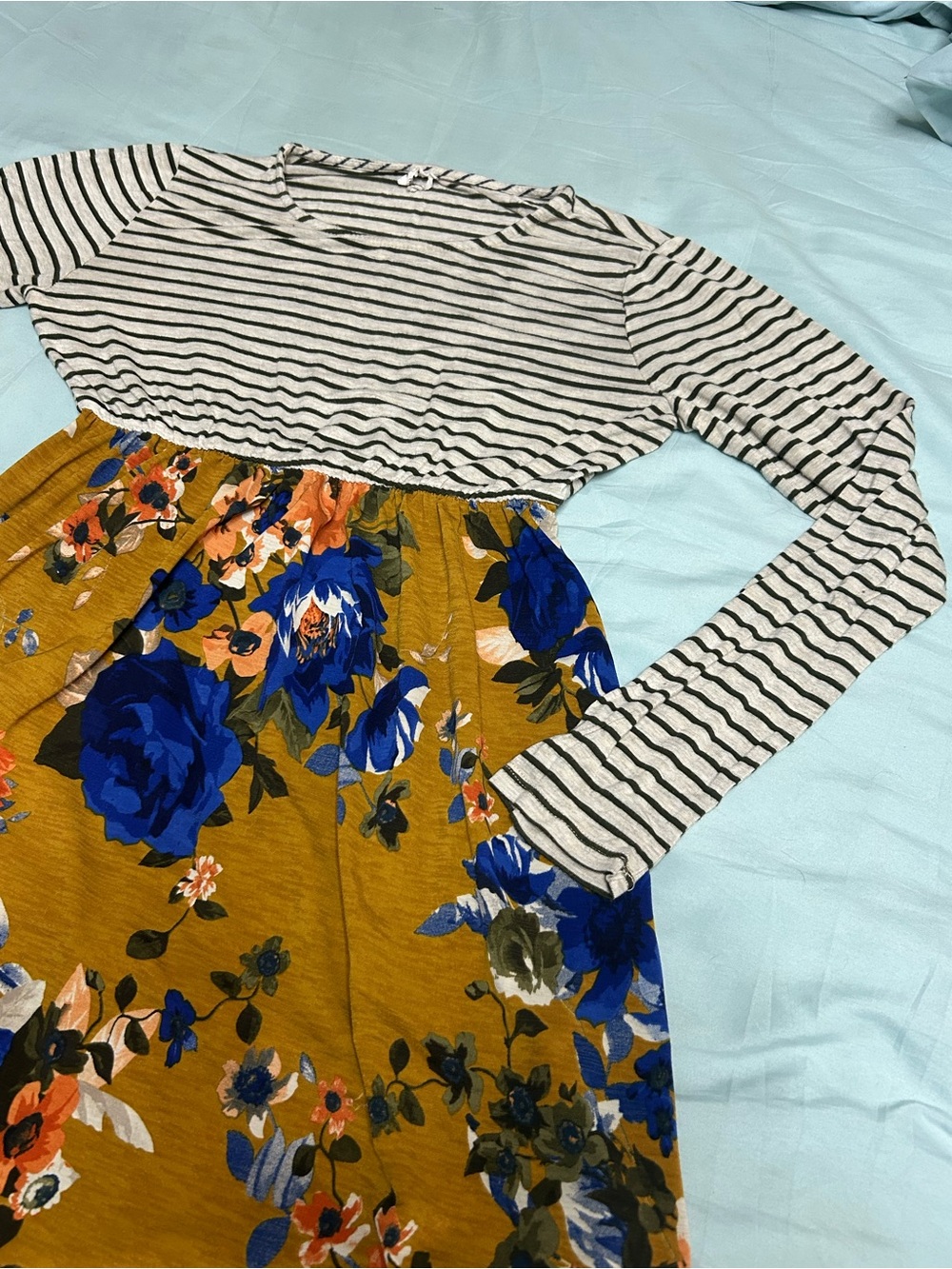 Liz Claiborne Striped White & Black Top with Mustard Blue Floral Skirt